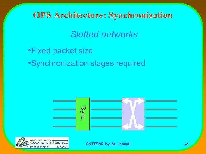 OPS Architecture: Synchronization Slotted networks • Fixed packet size • Synchronization stages required Sync.