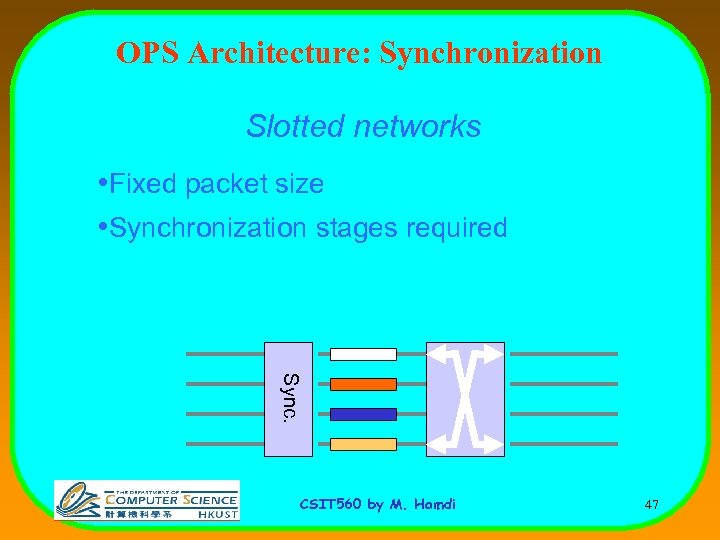 OPS Architecture: Synchronization Slotted networks • Fixed packet size • Synchronization stages required Sync.