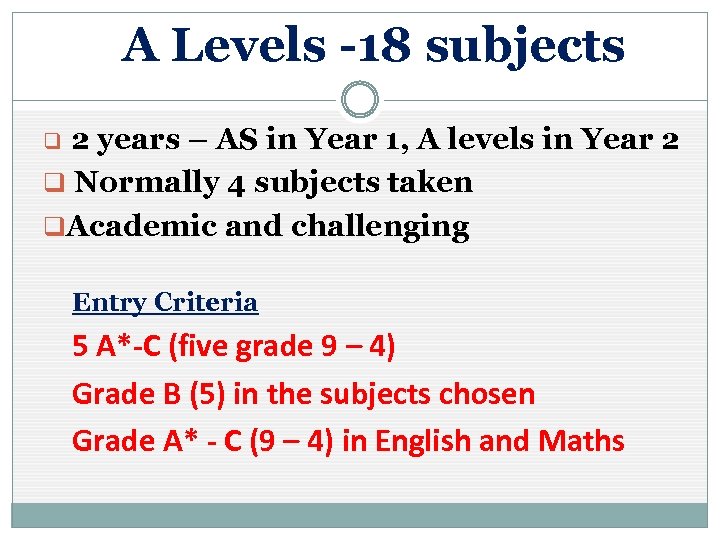 A Levels -18 subjects 2 years – AS in Year 1, A levels in