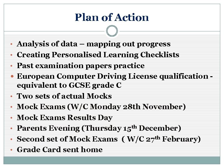Plan of Action • Analysis of data – mapping out progress • Creating Personalised