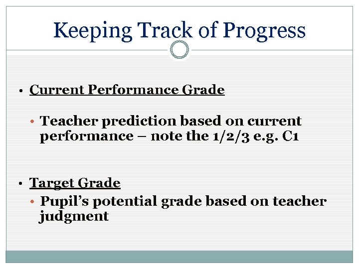 Keeping Track of Progress • Current Performance Grade • Teacher prediction based on current