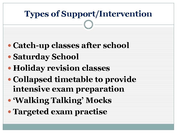 Types of Support/Intervention Catch-up classes after school Saturday School Holiday revision classes Collapsed timetable