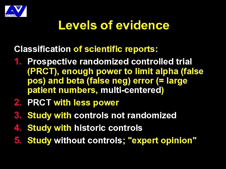 Levels of evidence Classification of scientific reports: 1. Prospective randomized controlled trial (PRCT), enough