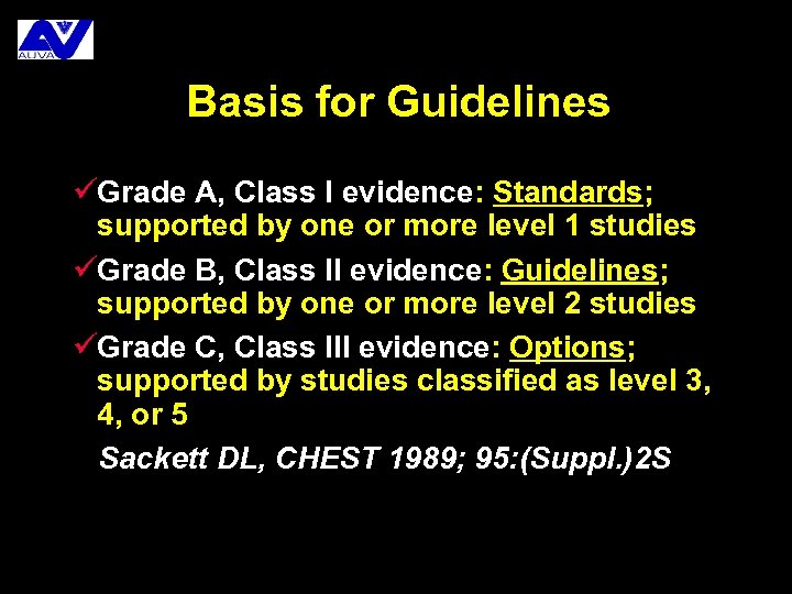 Basis for Guidelines üGrade A, Class I evidence: Standards; supported by one or more