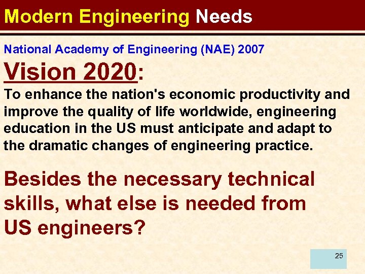 Modern Engineering Needs National Academy of Engineering (NAE) 2007 Vision 2020: To enhance the