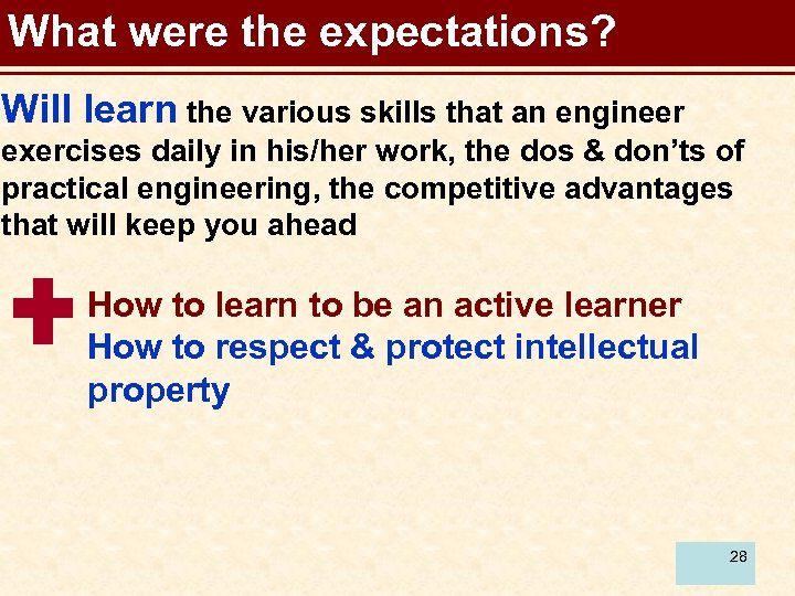 What were the expectations? Will learn the various skills that an engineer exercises daily