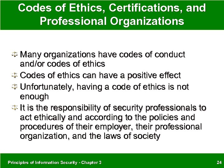 Codes of Ethics, Certifications, and Professional Organizations Many organizations have codes of conduct and/or