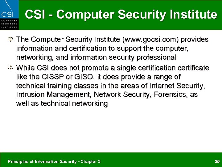 CSI - Computer Security Institute The Computer Security Institute (www. gocsi. com) provides information