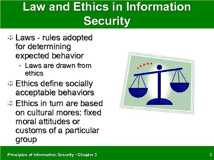 Law and Ethics in Information Security Laws - rules adopted for determining expected behavior