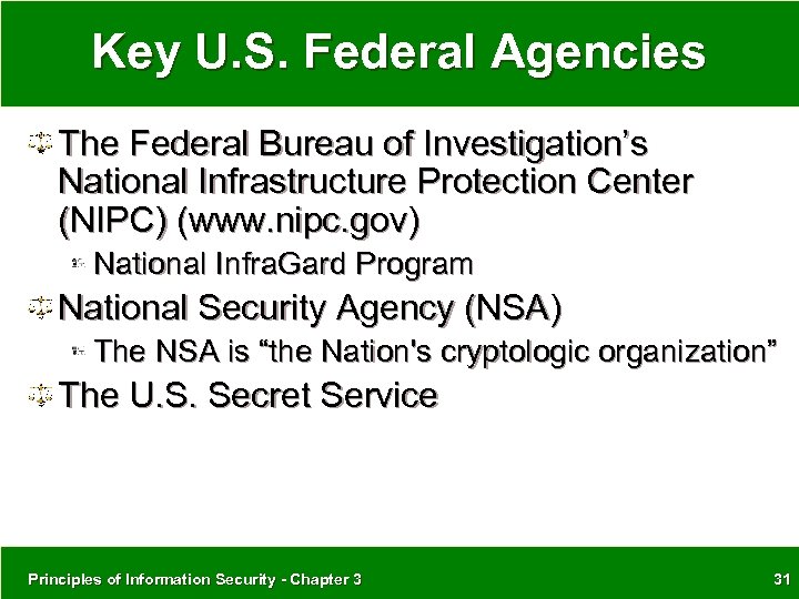 Key U. S. Federal Agencies The Federal Bureau of Investigation’s National Infrastructure Protection Center