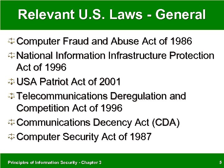 Relevant U. S. Laws - General Computer Fraud and Abuse Act of 1986 National