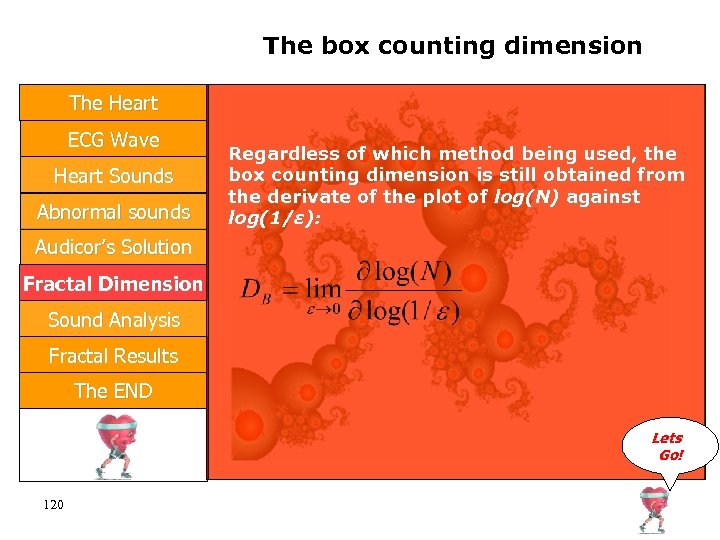The box counting dimension The Heart ECG Wave Heart Sounds Abnormal sounds Regardless of