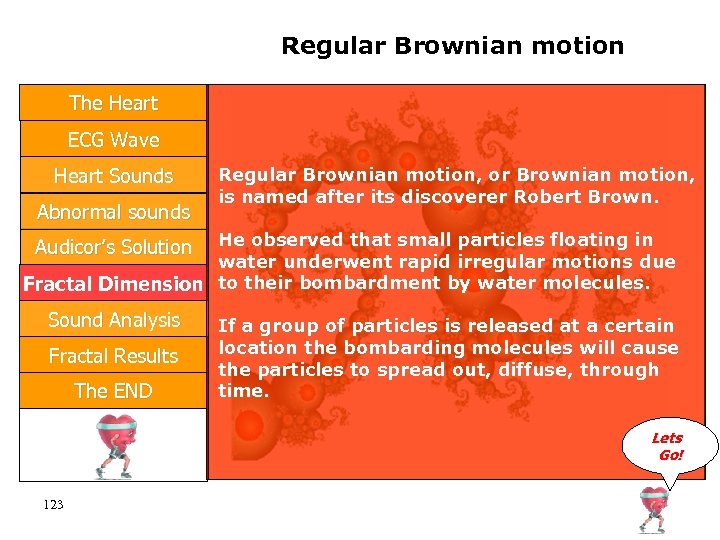 Regular Brownian motion The Heart ECG Wave Heart Sounds Abnormal sounds Regular Brownian motion,