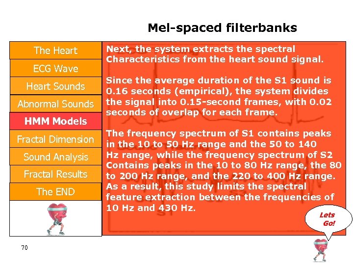 Mel-spaced filterbanks The Heart ECG Wave Heart Sounds Abnormal Sounds HMM Models Fractal Dimension