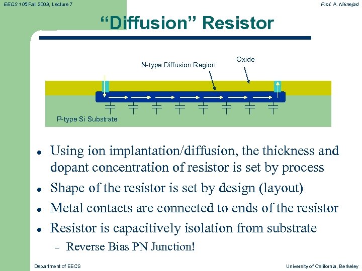 EECS 105 Fall 2003, Lecture 7 Prof. A. Niknejad “Diffusion” Resistor N-type Diffusion Region