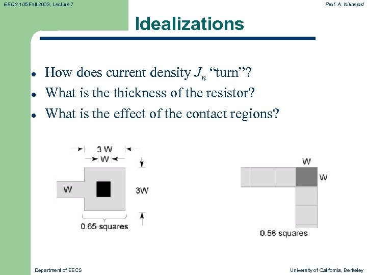 EECS 105 Fall 2003, Lecture 7 Prof. A. Niknejad Idealizations l l l How