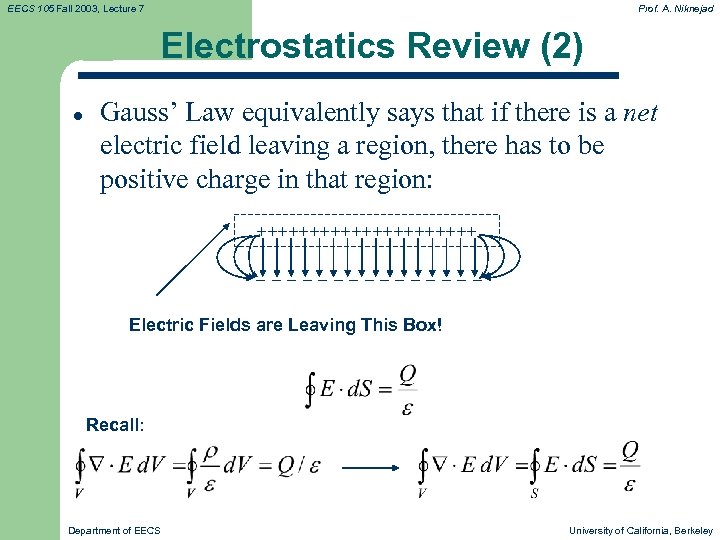 EECS 105 Fall 2003, Lecture 7 Prof. A. Niknejad Electrostatics Review (2) l Gauss’