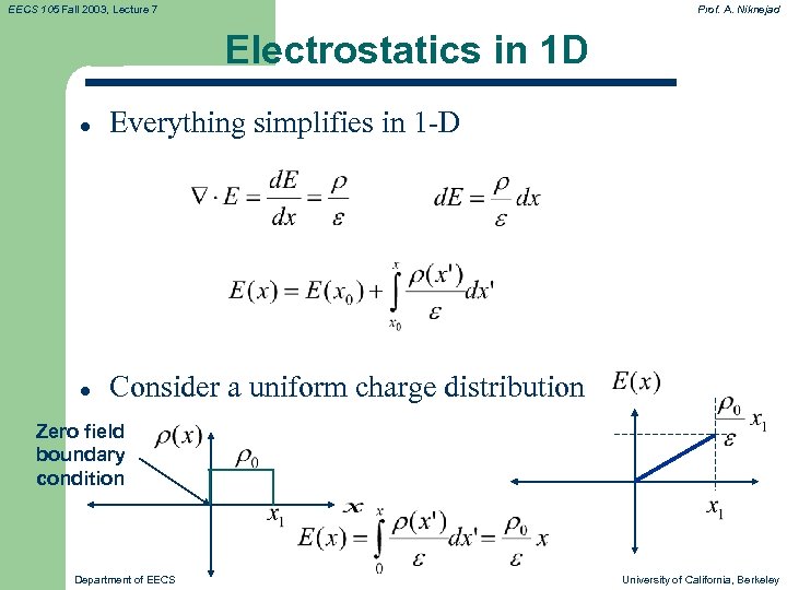 EECS 105 Fall 2003, Lecture 7 Prof. A. Niknejad Electrostatics in 1 D l