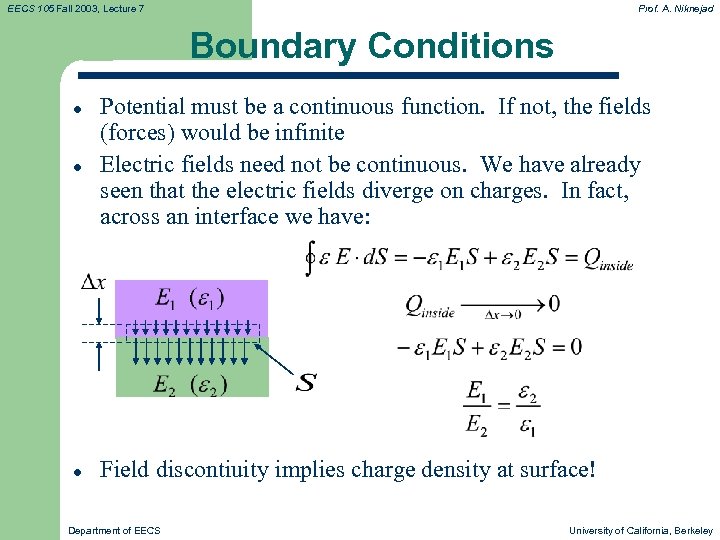 EECS 105 Fall 2003, Lecture 7 Prof. A. Niknejad Boundary Conditions l l l