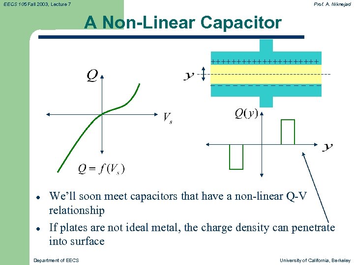 EECS 105 Fall 2003, Lecture 7 Prof. A. Niknejad A Non-Linear Capacitor +++++++++++ −−−−−−−−