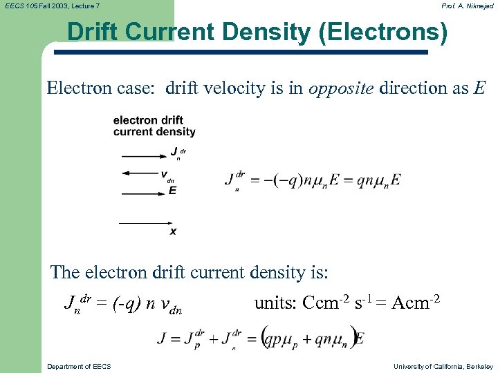 EECS 105 Fall 2003, Lecture 7 Prof. A. Niknejad Drift Current Density (Electrons) Electron