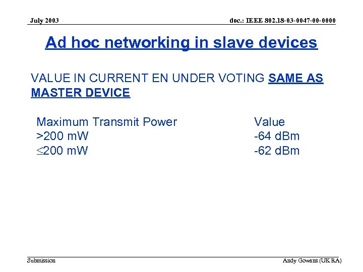 July 2003 doc. : IEEE 802. 18 -03 -0047 -00 -0000 Ad hoc networking