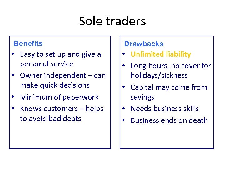 Sole traders Benefits Drawbacks • Easy to set up and give a personal service