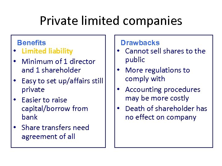 Private limited companies Benefits • Limited liability • Minimum of 1 director and 1