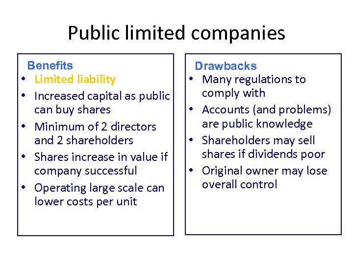 Public limited companies Benefits • Limited liability • Increased capital as public can buy