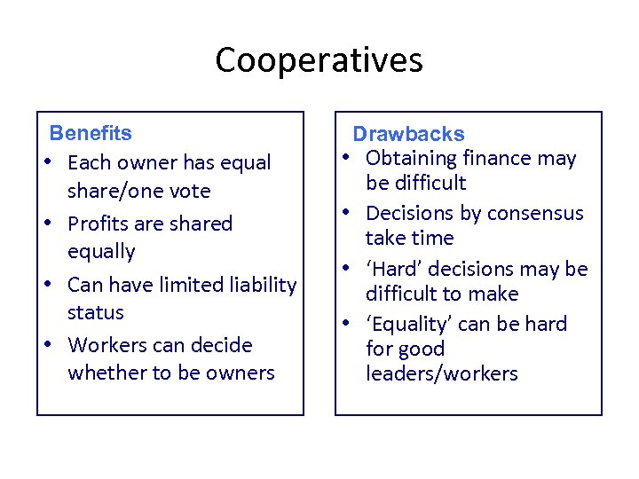 Cooperatives Benefits • Each owner has equal share/one vote • Profits are shared equally