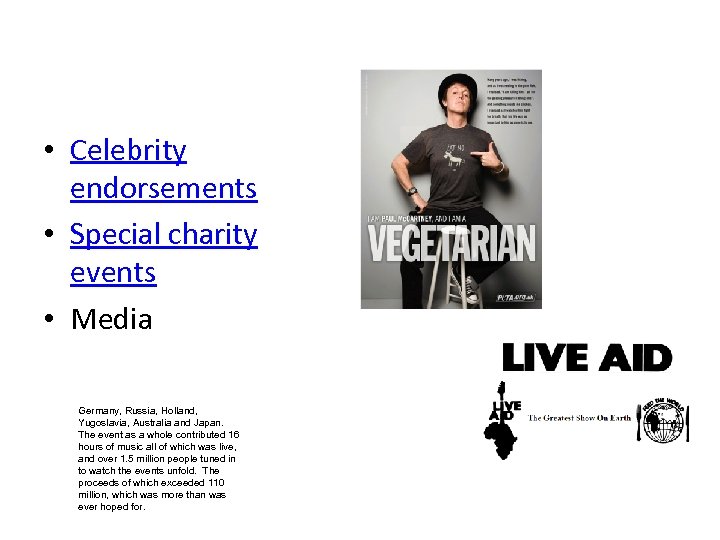  • Celebrity endorsements • Special charity events • Media Germany, Russia, Holland, Yugoslavia,