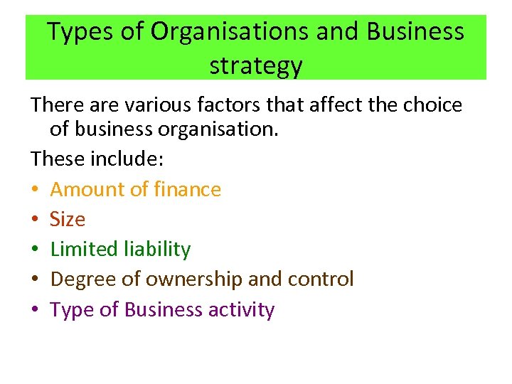 Types of Organisations and Business strategy There are various factors that affect the choice