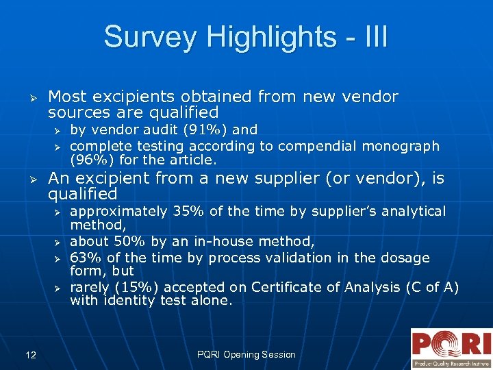 Survey Highlights - III Ø Most excipients obtained from new vendor sources are qualified