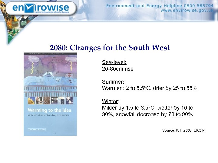 2080: Changes for the South West Sea-level: 20 -80 cm rise Summer: Warmer :