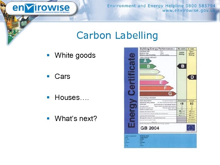 Carbon Labelling § White goods § Cars § Houses…. § What’s next? 