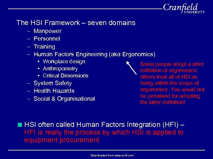 The HSI Framework – seven domains – – Manpower Personnel Training Human Factors Engineering