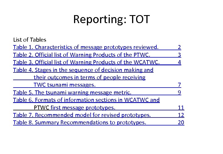 Reporting: TOT List of Tables Table 1. Characteristics of message prototypes reviewed. Table 2.