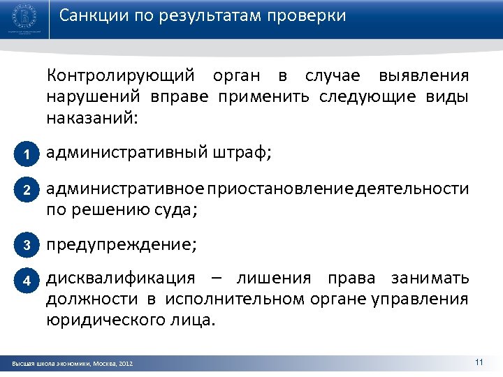 Санкции по результатам проверки Контролирующий орган в случае выявления нарушений вправе применить следующие виды