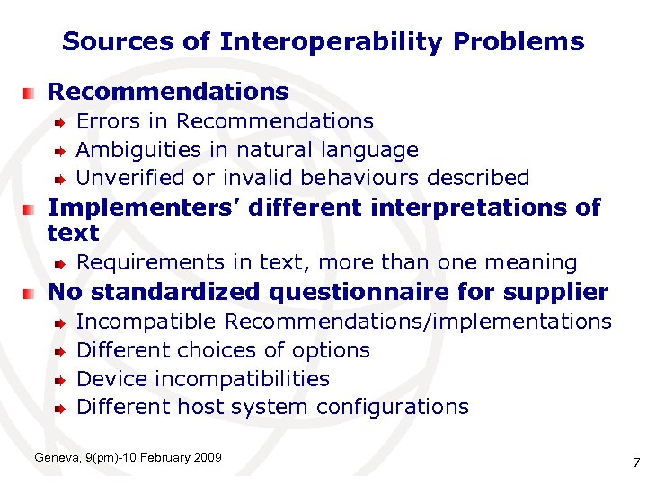 Sources of Interoperability Problems Recommendations Errors in Recommendations Ambiguities in natural language Unverified or