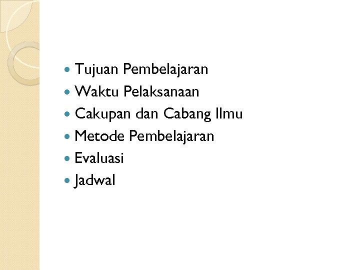 Tujuan Pembelajaran Waktu Pelaksanaan Cakupan dan Cabang Ilmu Metode Pembelajaran Evaluasi Jadwal 