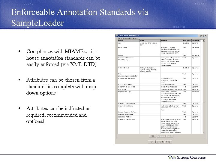 Enforceable Annotation Standards via Sample. Loader • Compliance with MIAME or inhouse annotation standards