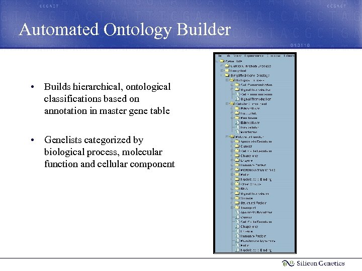 Automated Ontology Builder • Builds hierarchical, ontological classifications based on annotation in master gene