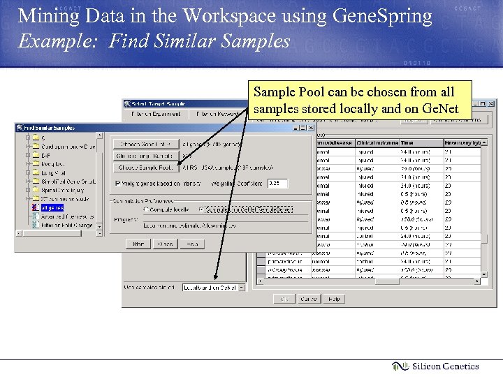 Mining Data in the Workspace using Gene. Spring Example: Find Similar Samples Sample Pool