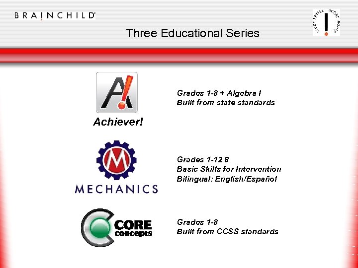 Three Educational Series Grades 1 -8 + Algebra I Built from state standards Achiever!
