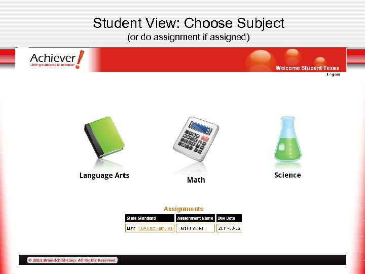 Student View: Choose Subject (or do assignment if assigned) 