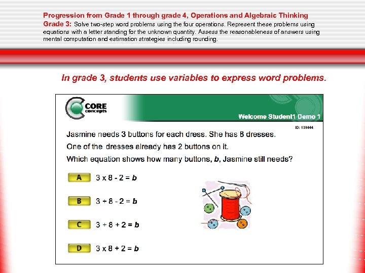 Progression from Grade 1 through grade 4, Operations and Algebraic Thinking Grade 3: Solve