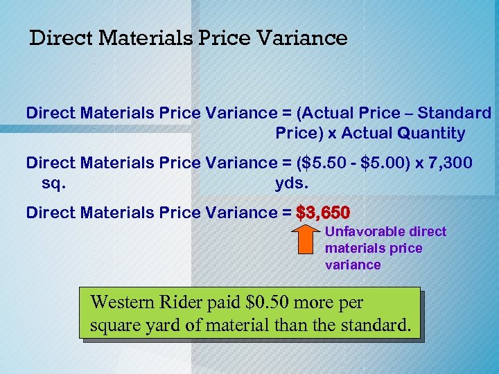 Direct Materials Price Variance = (Actual Price – Standard Price) x Actual Quantity Direct