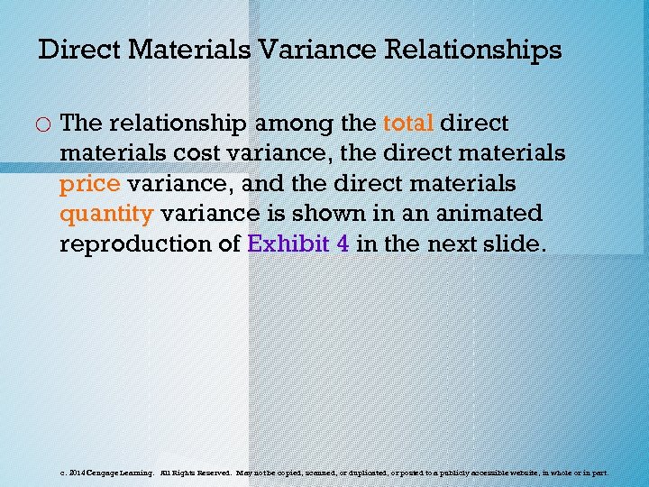 Direct Materials Variance Relationships o The relationship among the total direct materials cost variance,