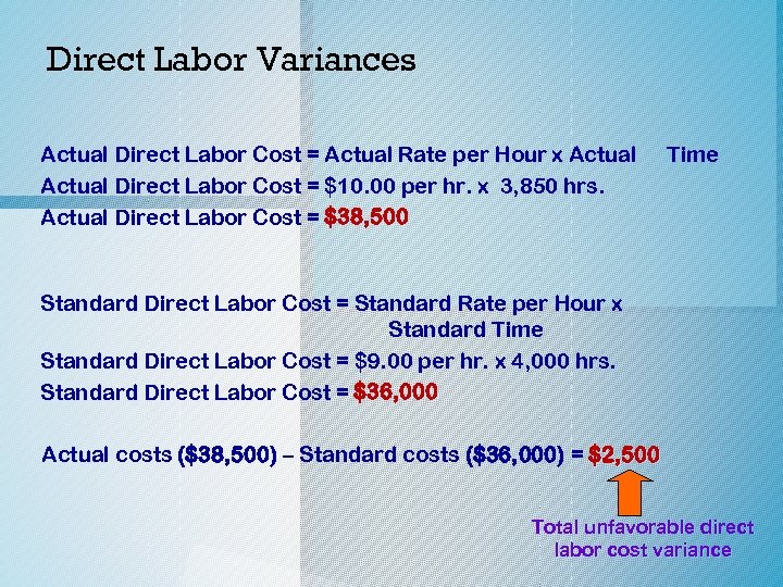 Direct Labor Variances Actual Direct Labor Cost = Actual Rate per Hour x Actual