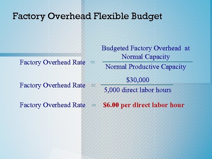 Factory Overhead Flexible Budgeted Factory Overhead at Normal Capacity Factory Overhead Rate = Normal